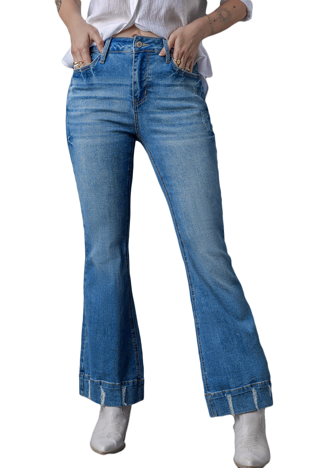 Sky Blue Slight Distressed Medium Wash Flare Jeans - Design Studios Direct