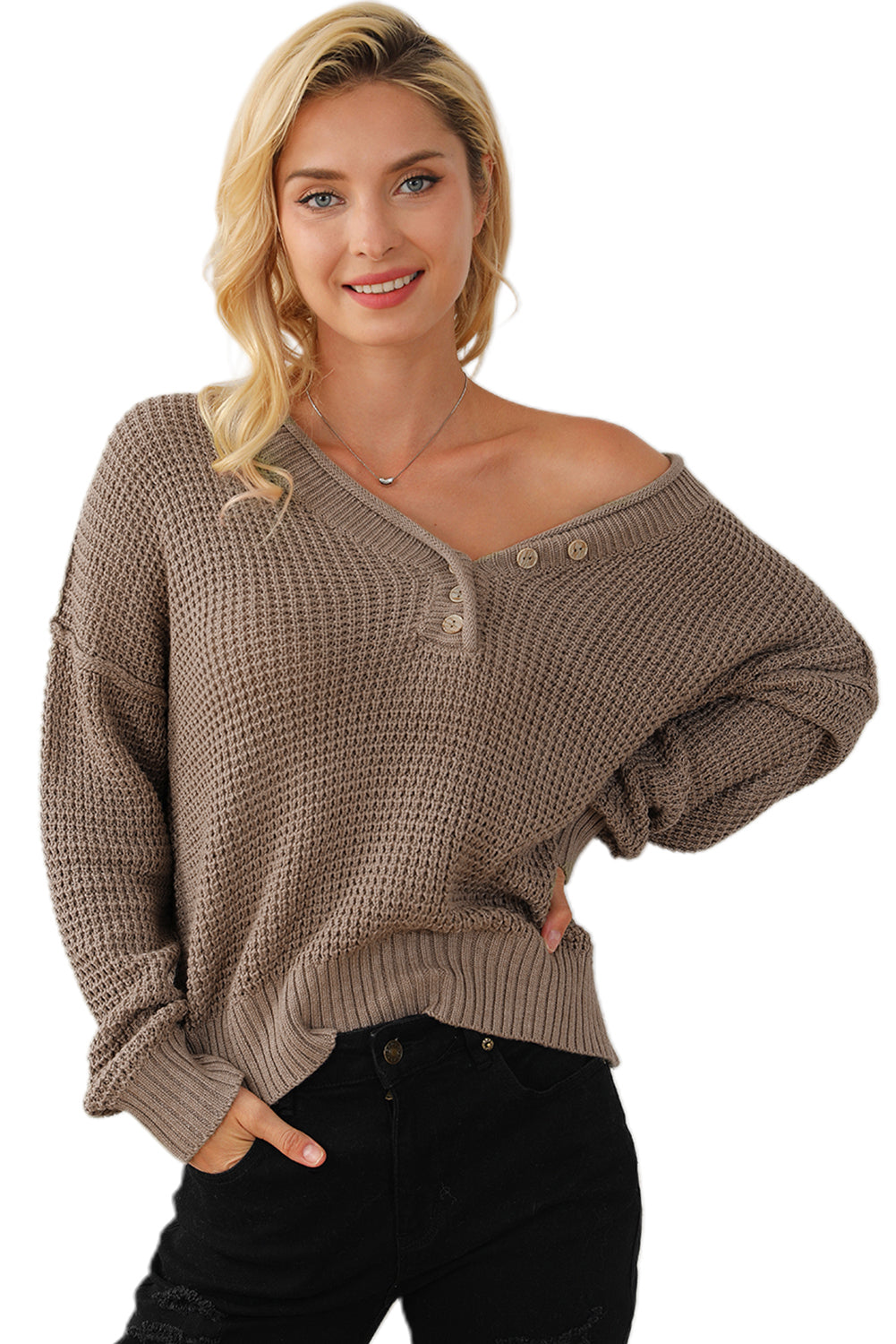 Khaki Pointelle Knit Button V Neck Drop Shoulder Sweater - Design Studios Direct