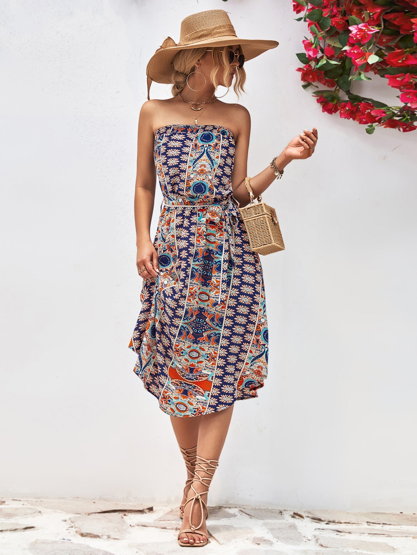 Printed Strapless Tie Belt Dress - Design Studios Direct