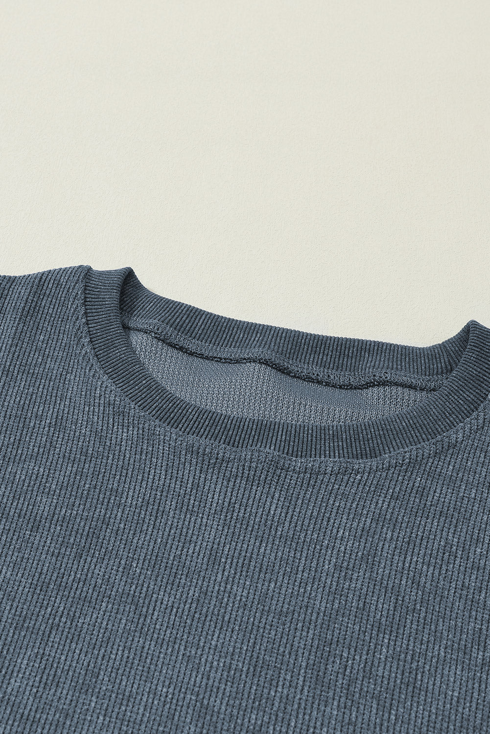 Blue Solid Ribbed Knit Round Neck Pullover Sweatshirt - Design Studios Direct