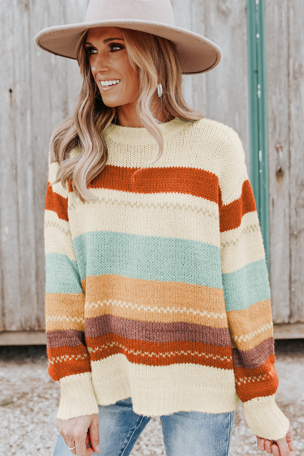 Crew Neck Drop-shoulder Striped Color Block Sweater - Design Studios Direct