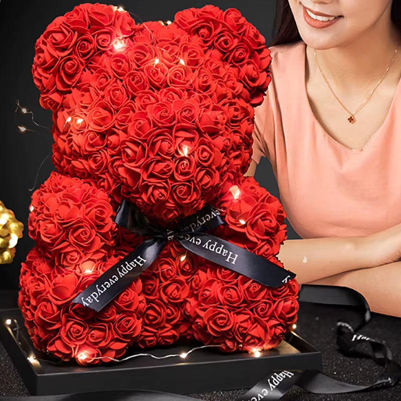 Rose Bear with Box Lights Valentine Gifts Decoration Artificial Flower Teddy Bear for Women/Girlfriend Love Flower Birthday Gift