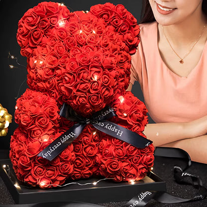 Rose Bear with Box Lights Valentine Gifts Decoration Artificial Flower Teddy Bear for Women/Girlfriend Love Flower Birthday Gift