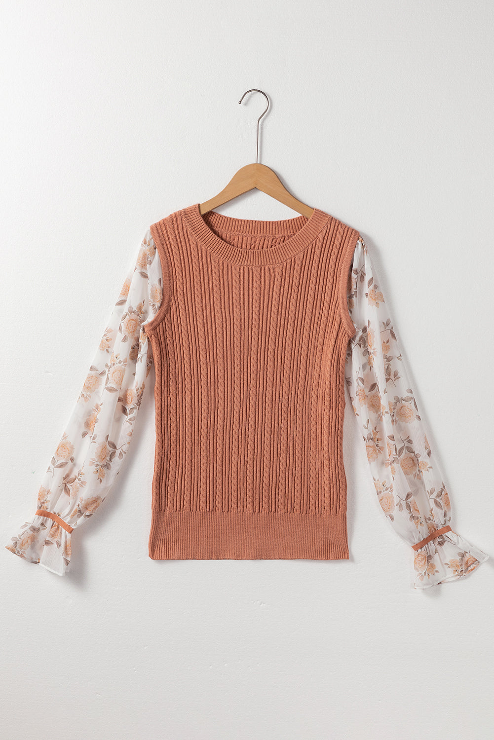 Golden Fleece Floral Patchwork Ruffled Cuff Cable Knit Sweater - Design Studios Direct