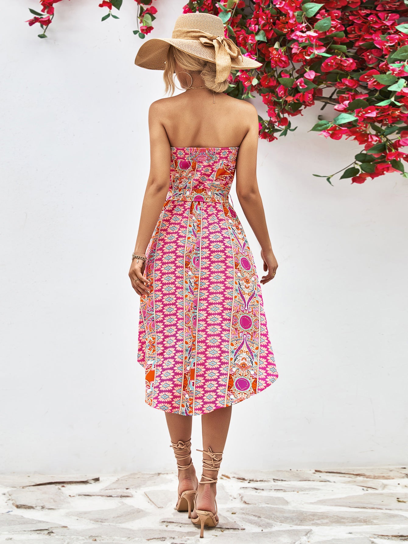 Printed Strapless Tie Belt Dress - Design Studios Direct