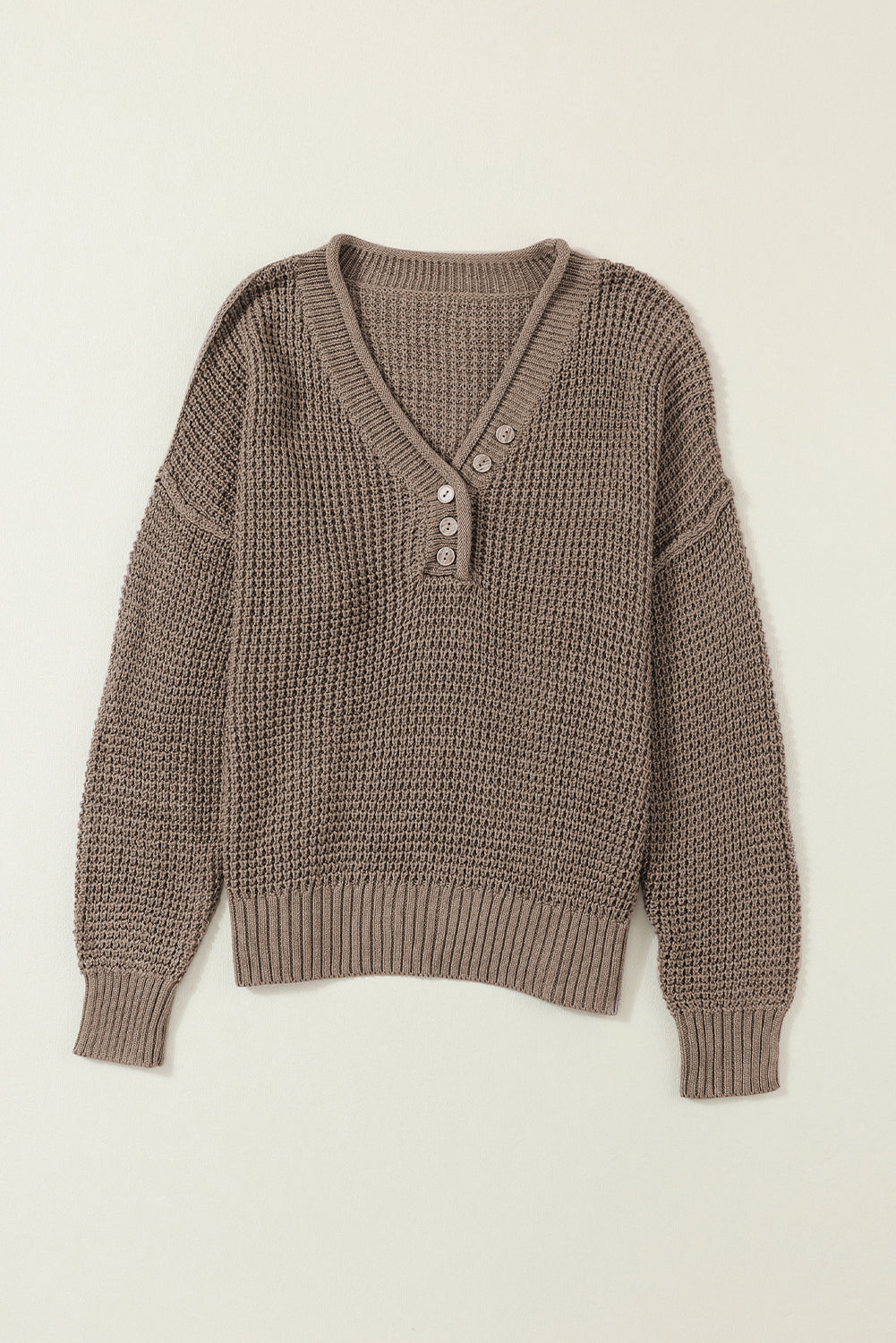 Khaki Pointelle Knit Button V Neck Drop Shoulder Sweater - Design Studios Direct