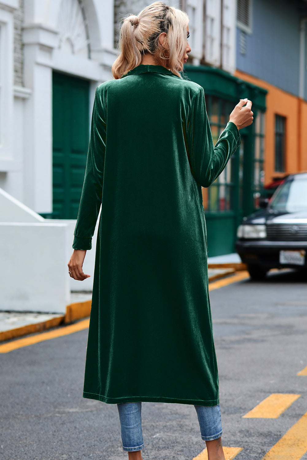 Green Velvet Open Front Pocketed Long Duster - Design Studios Direct