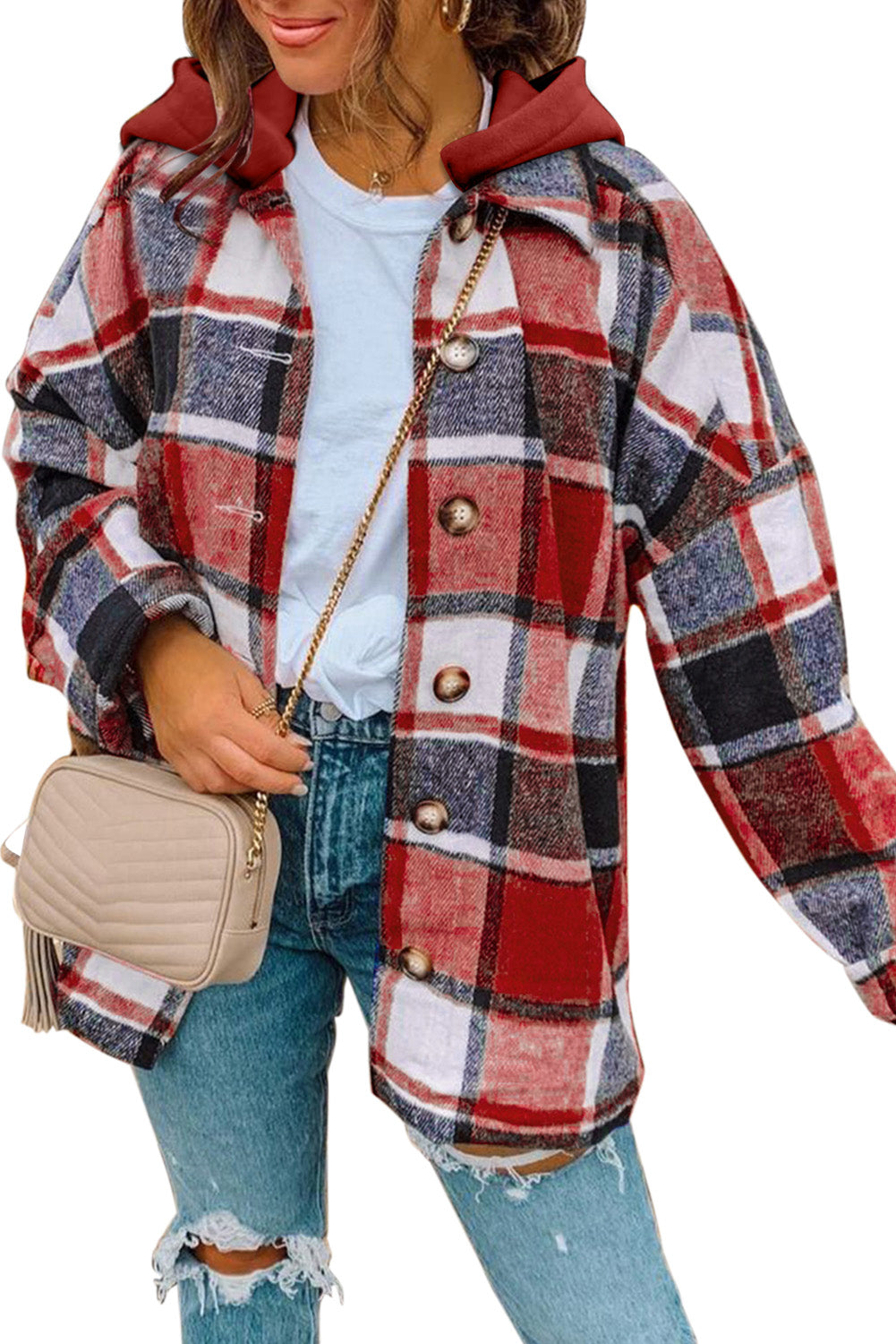 Fiery Red Hooded Plaid Button Front Shacket - Design Studios Direct