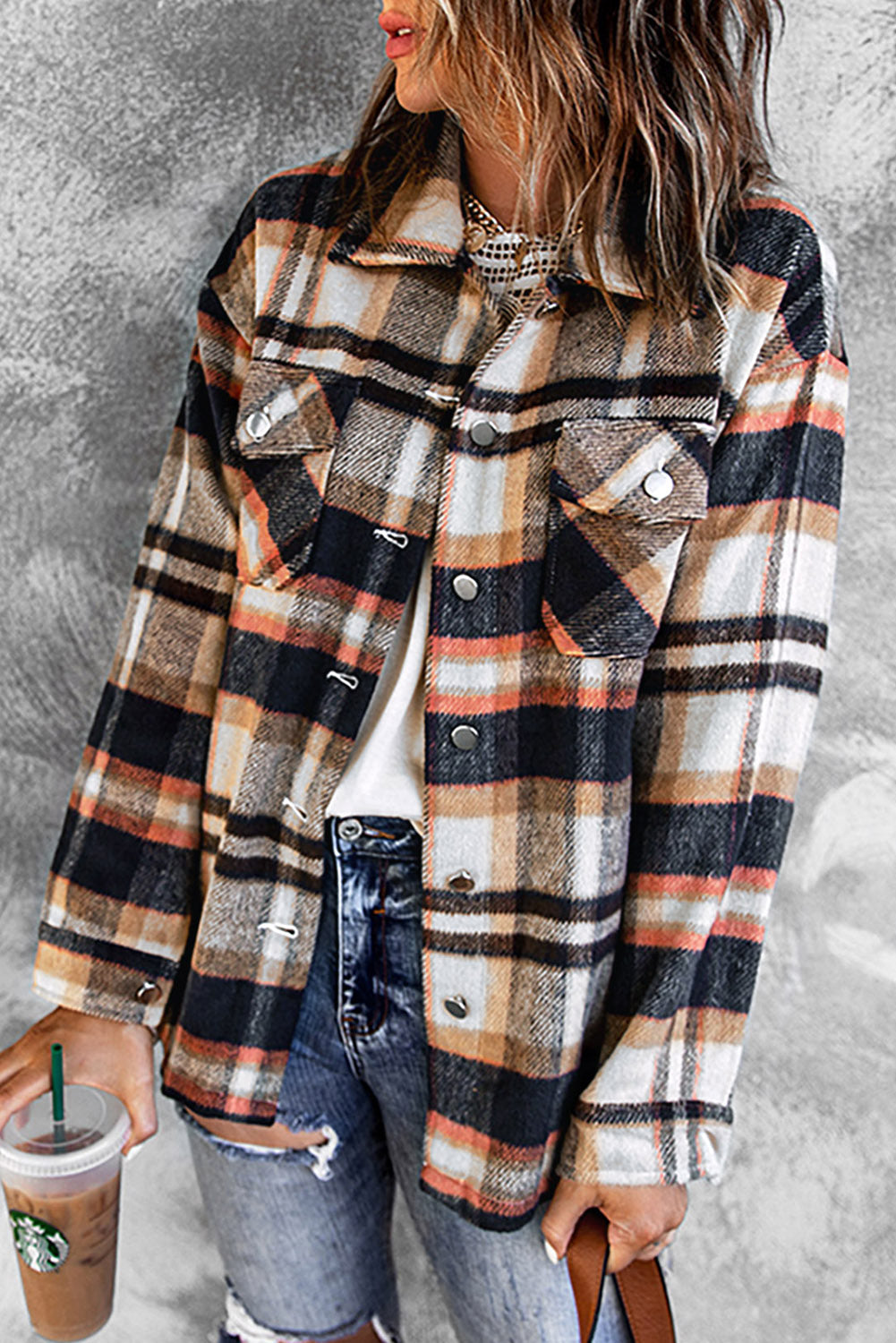 Geometric Plaid Print Pocketed Shacket - Design Studios Direct