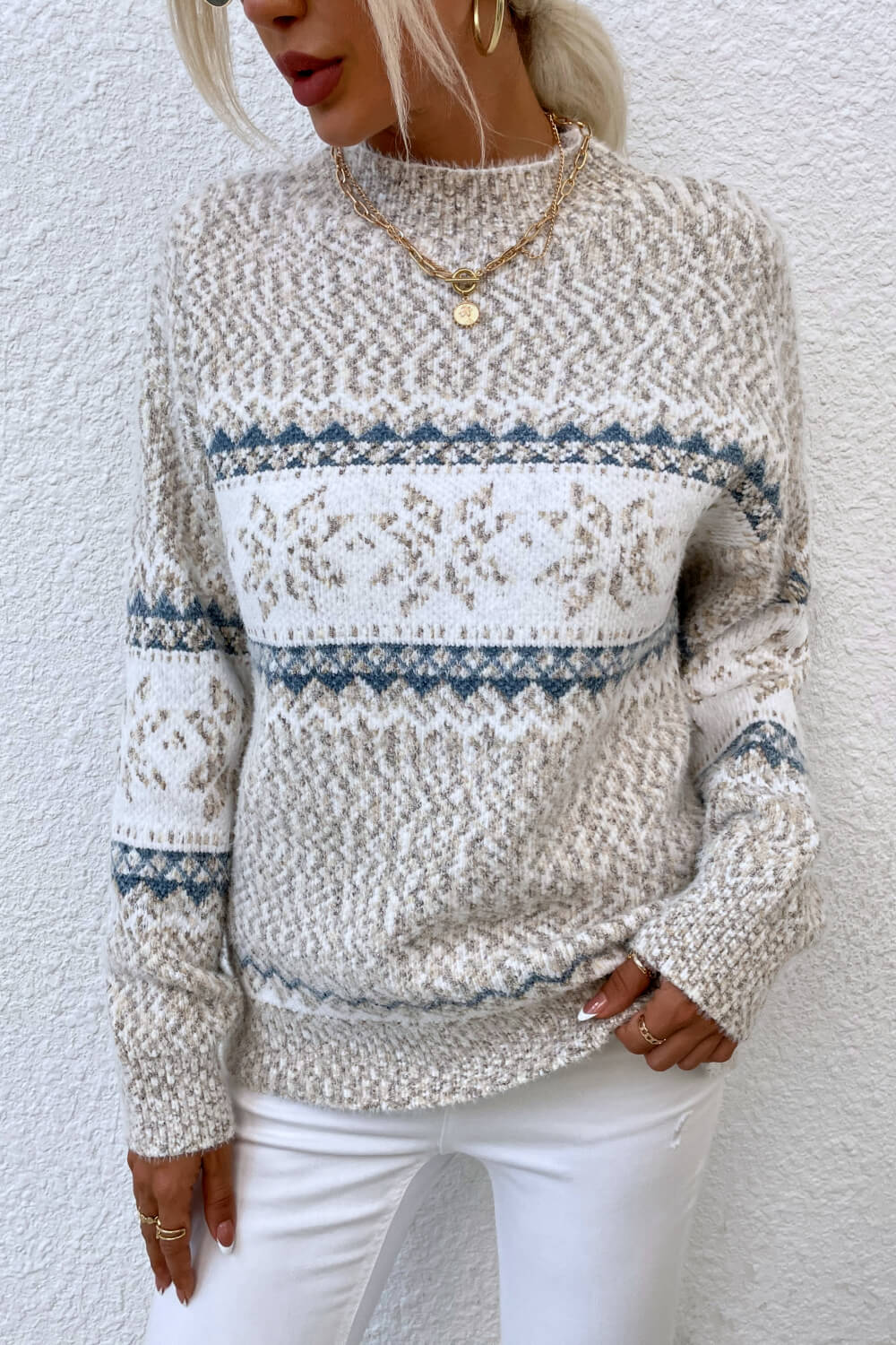 Snowflake Pattern Mock Neck Sweater - Design Studios Direct