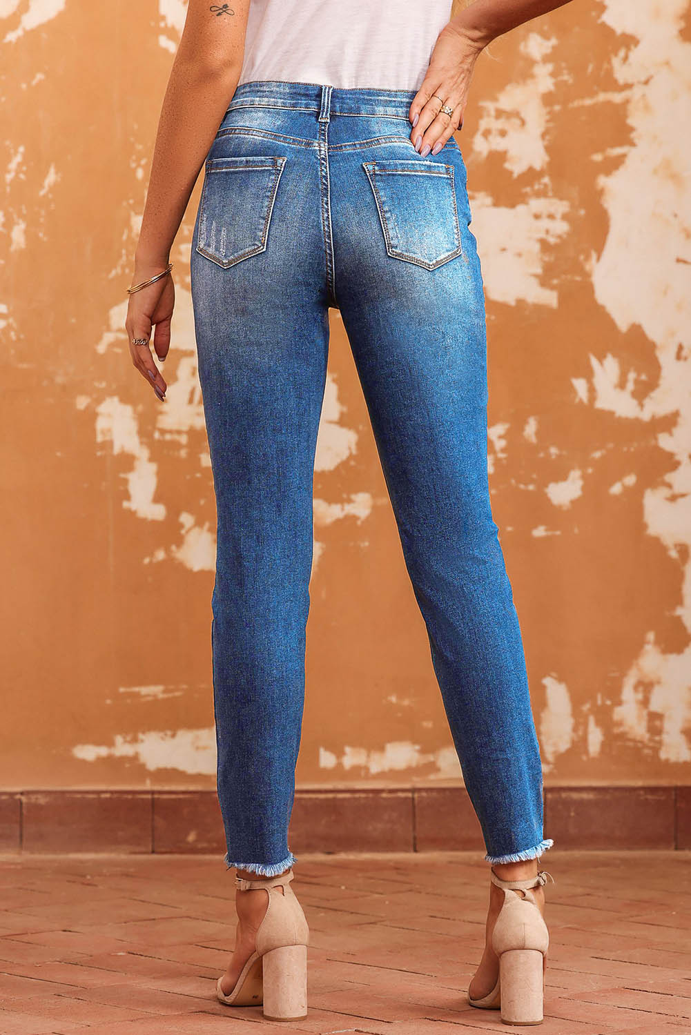 Blue Raw Hem Ankle-length Skinny Jeans - Design Studios Direct