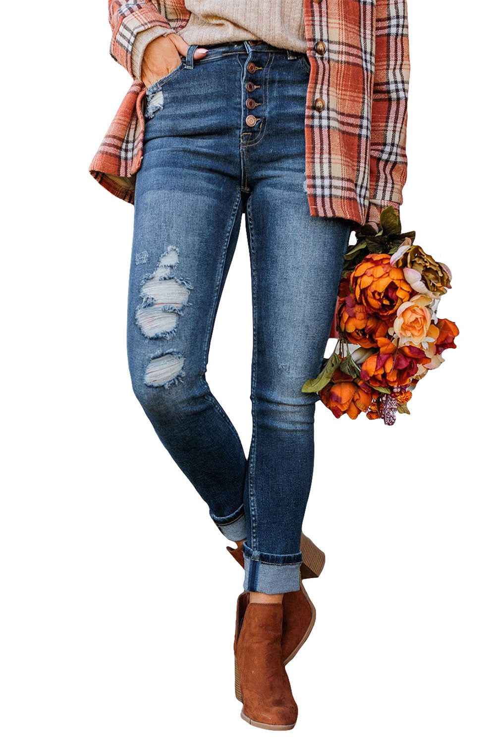 Blue Distressed Button Fly High Waist Skinny Jeans - Design Studios Direct