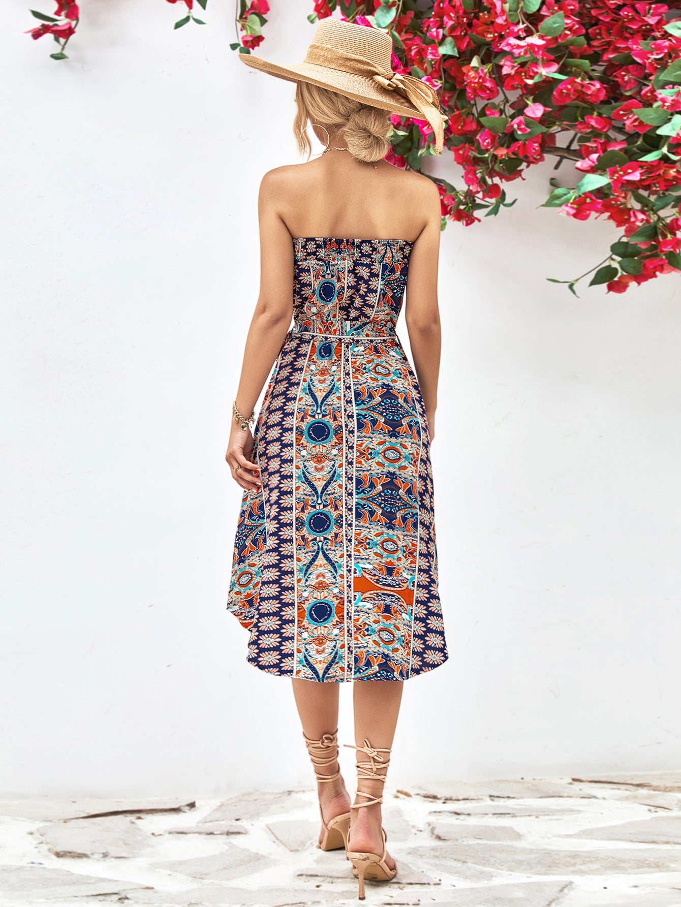 Printed Strapless Tie Belt Dress - Design Studios Direct