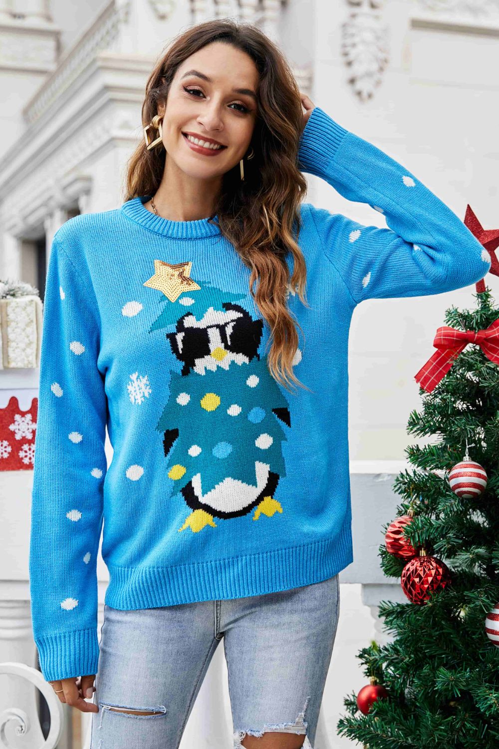 Christmas Penguin Graphic Sequin Sweater - Design Studios Direct