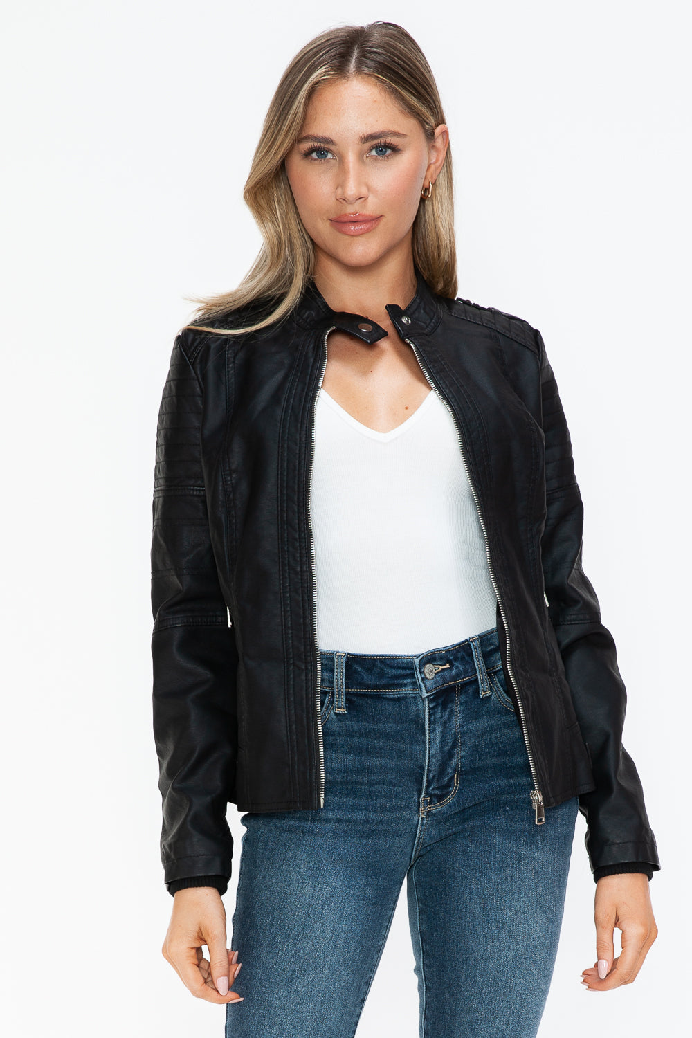 Snobbish PU Leather Biker Jacket with Side Zip Pockets - Design Studios Direct