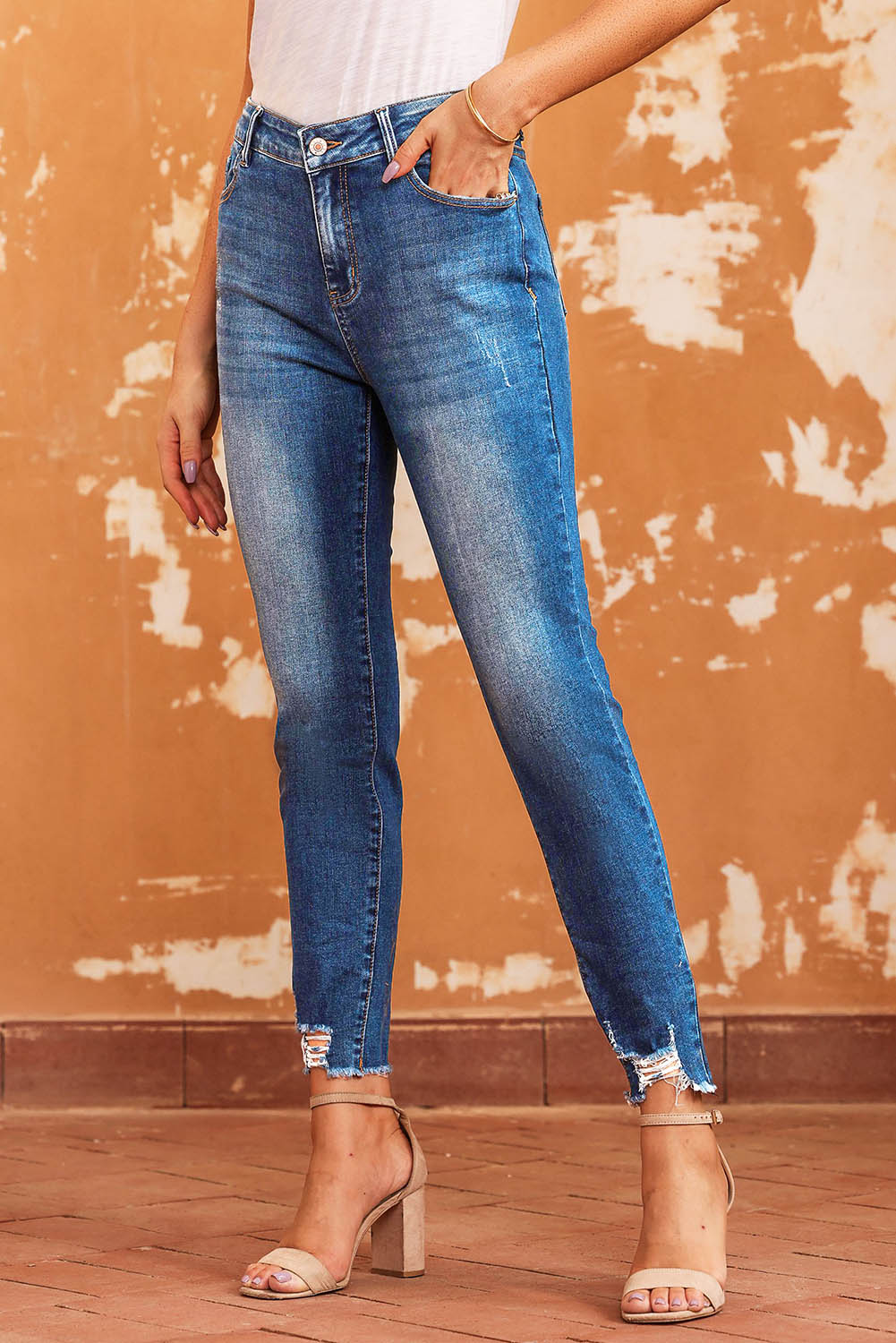 Blue Raw Hem Ankle-length Skinny Jeans - Design Studios Direct