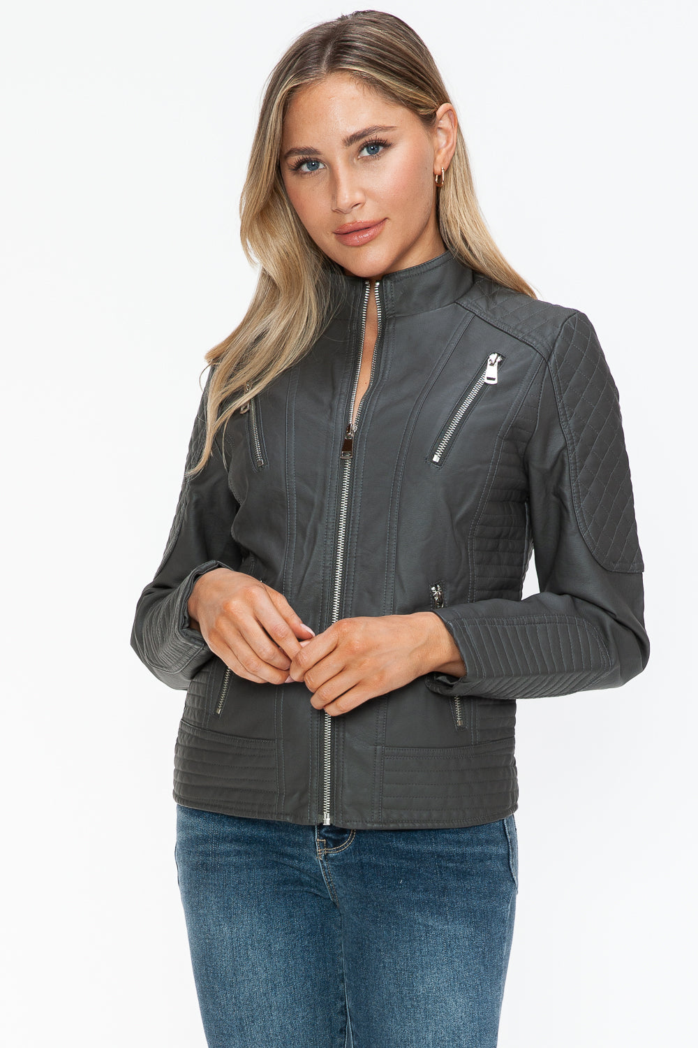 Snobbish Faux Leather Zip Up Mock Neck Jacket - Design Studios Direct