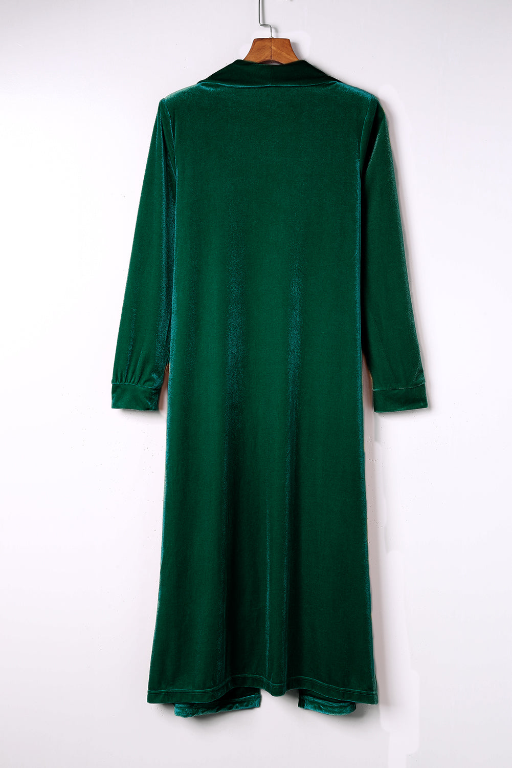 Green Velvet Open Front Pocketed Long Duster - Design Studios Direct