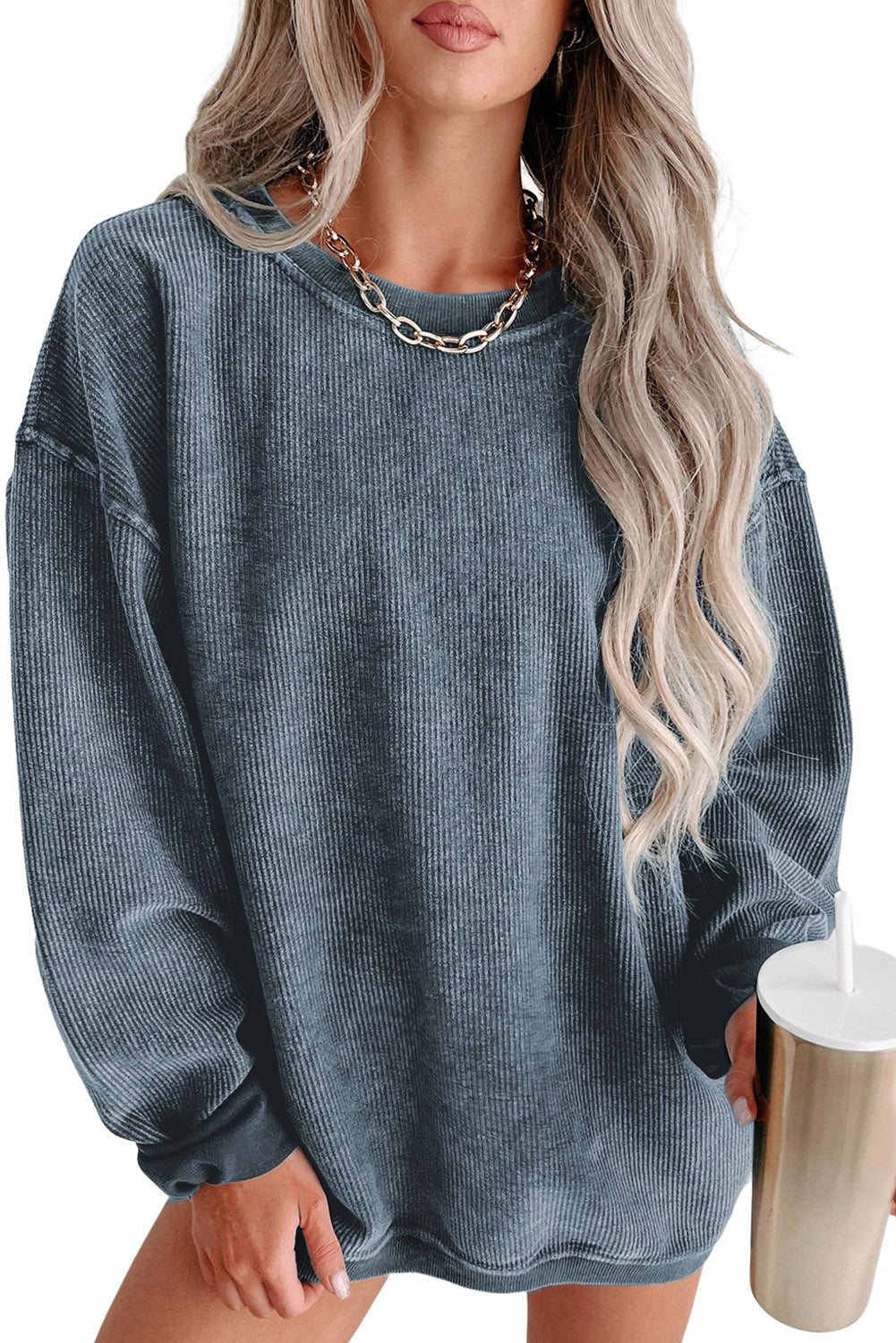 Blue Solid Ribbed Knit Round Neck Pullover Sweatshirt - Design Studios Direct