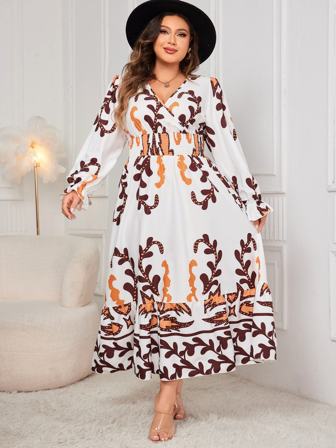 Honey Plus Size Printed Surplice Flounce Sleeve Dress - Design Studios Direct