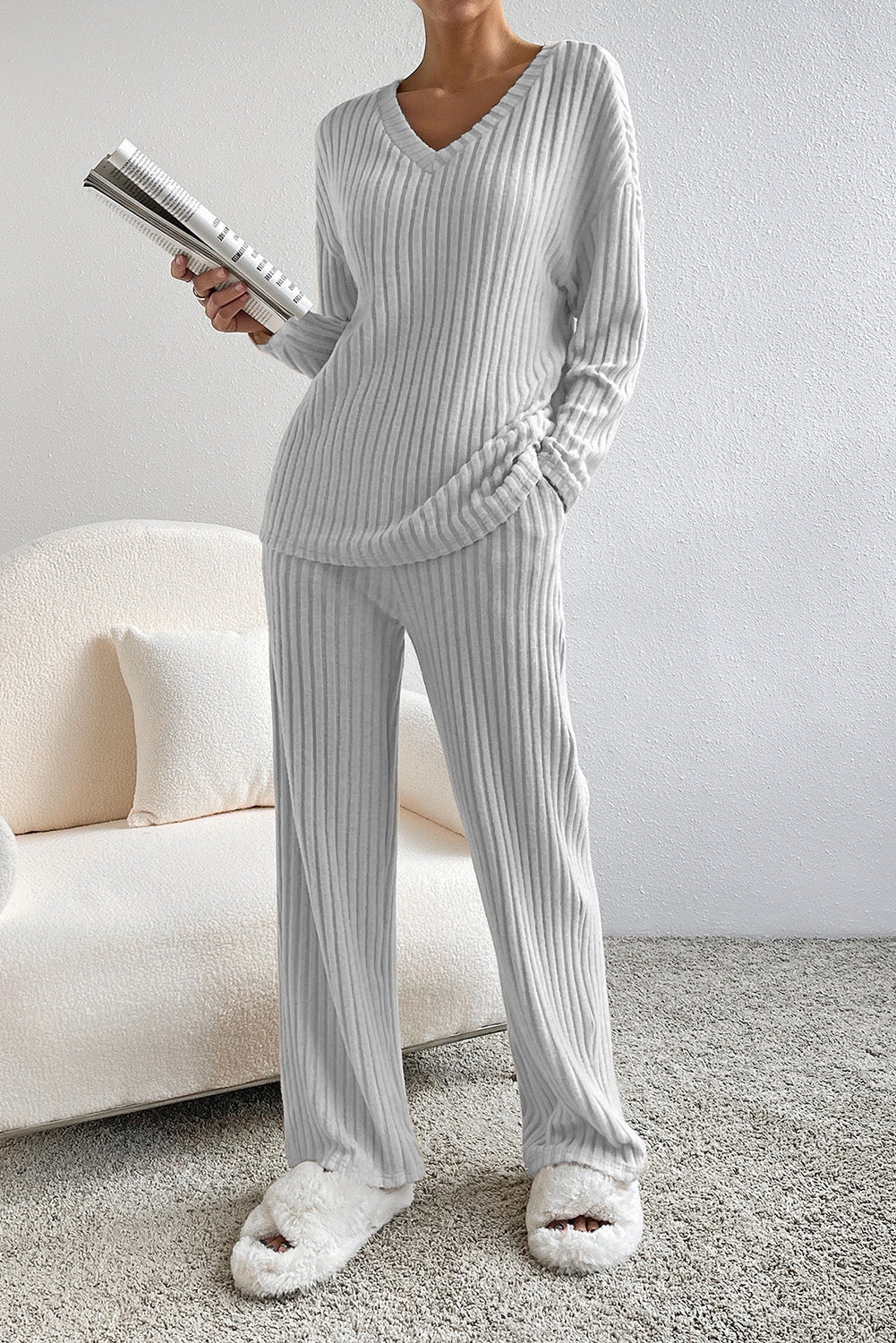 Light Grey Ribbed Knit V Neck Slouchy Two-piece Outfit - Design Studios Direct