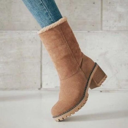 Mid-Tube Suede Snow Boots – Thick Heel for Winter Comfort - Design Studios Direct