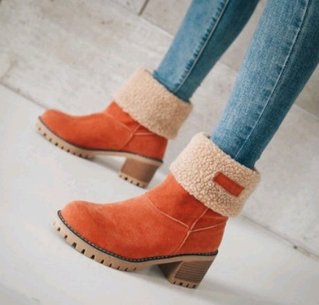 Mid-Tube Suede Snow Boots – Thick Heel for Winter Comfort - Design Studios Direct