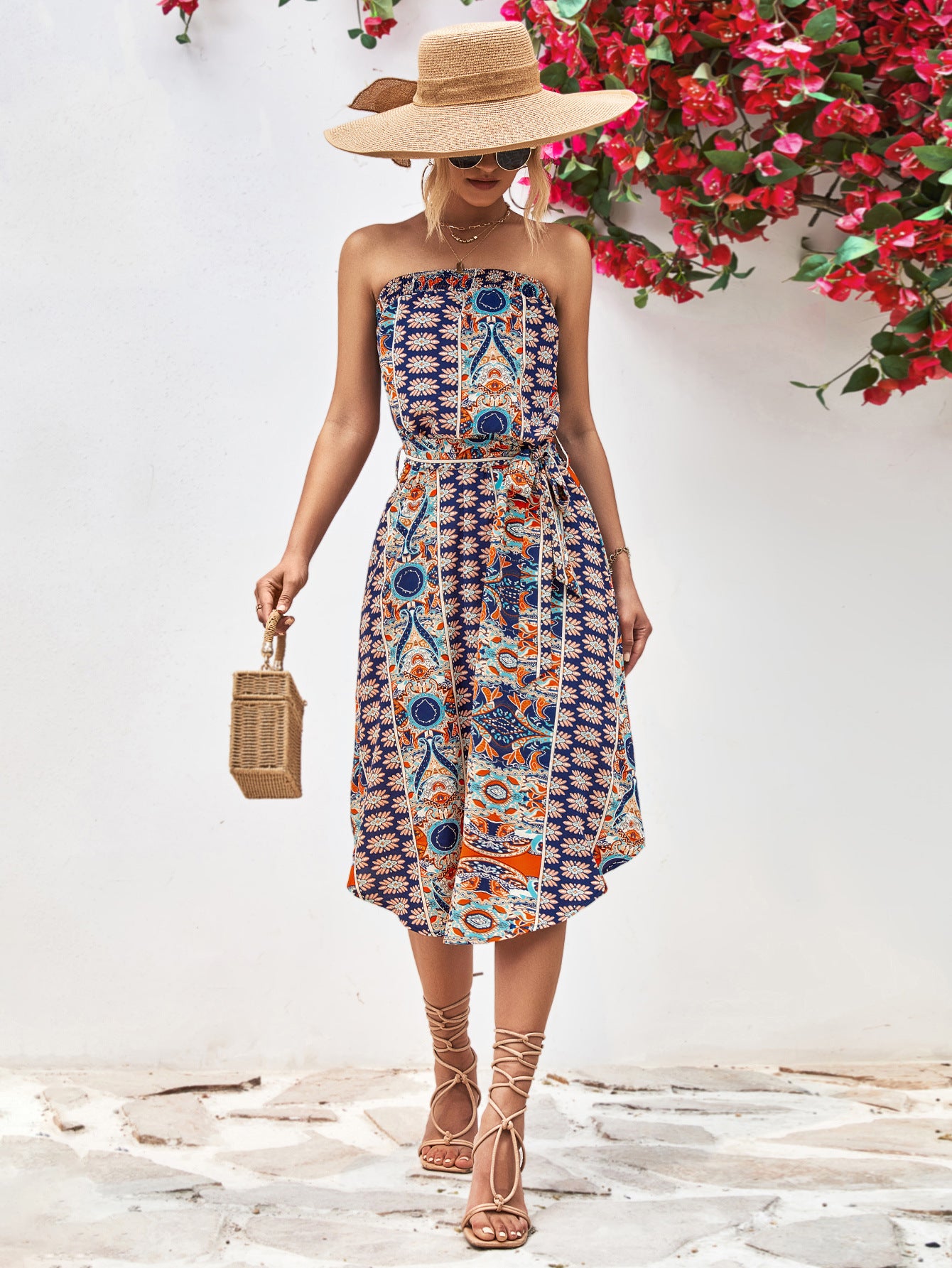 Printed Strapless Tie Belt Dress - Design Studios Direct