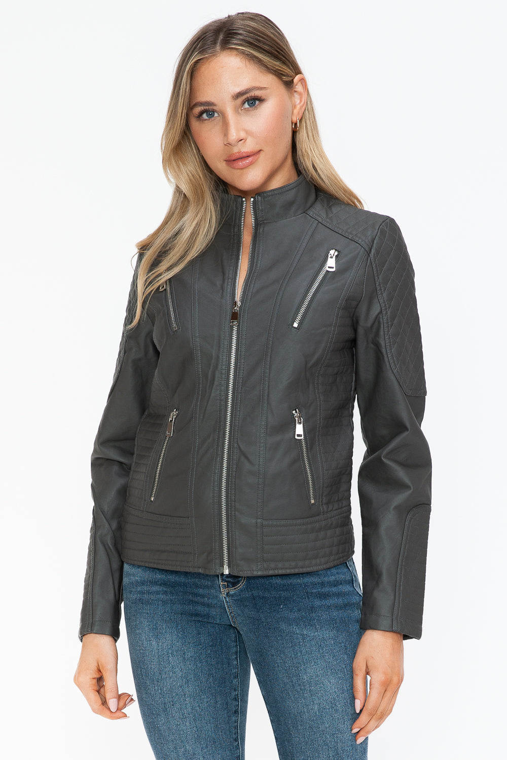 Snobbish Faux Leather Zip Up Mock Neck Jacket - Design Studios Direct