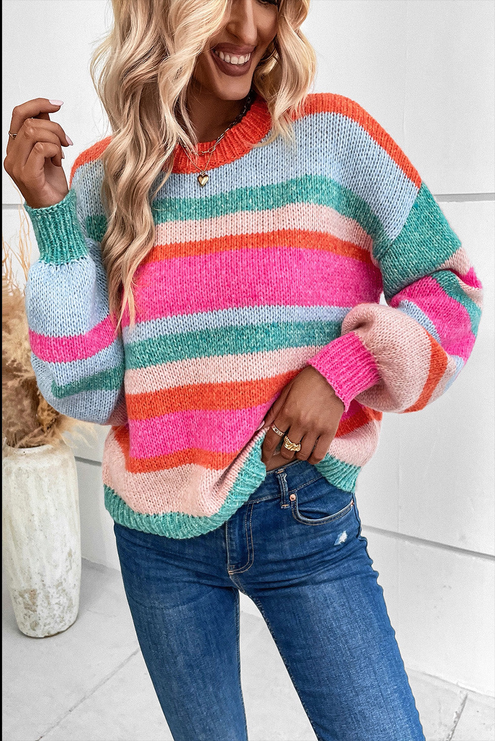 Multicolor Striped Knit Drop Shoulder Puff Sleeve Sweater - Design Studios Direct