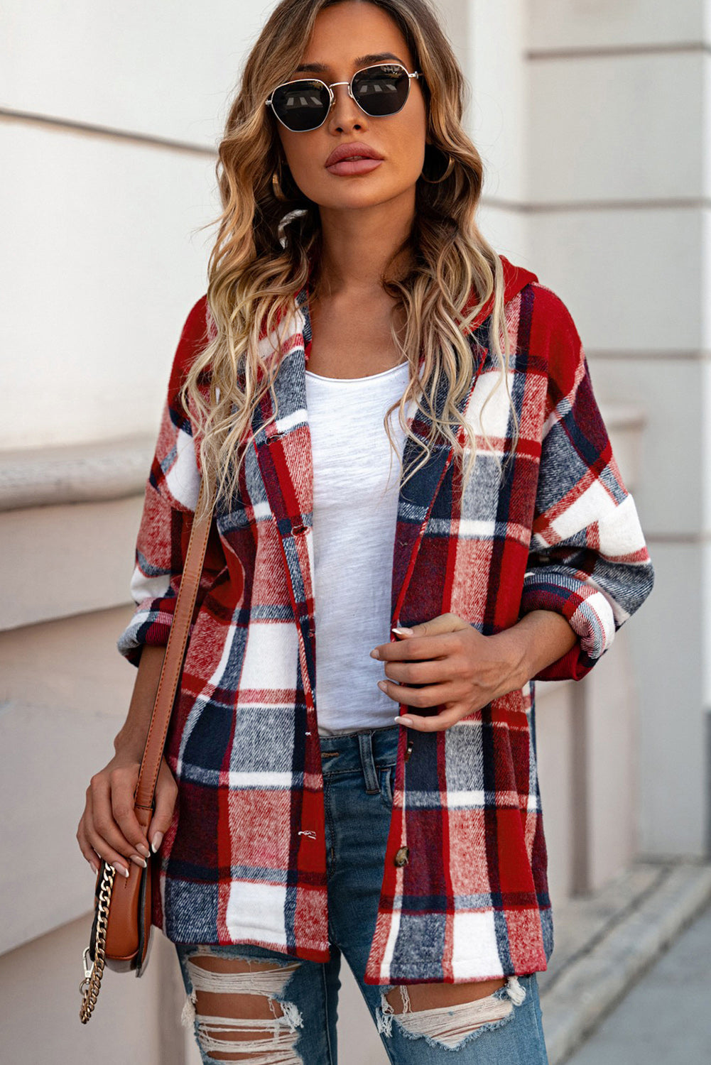 Fiery Red Hooded Plaid Button Front Shacket - Design Studios Direct