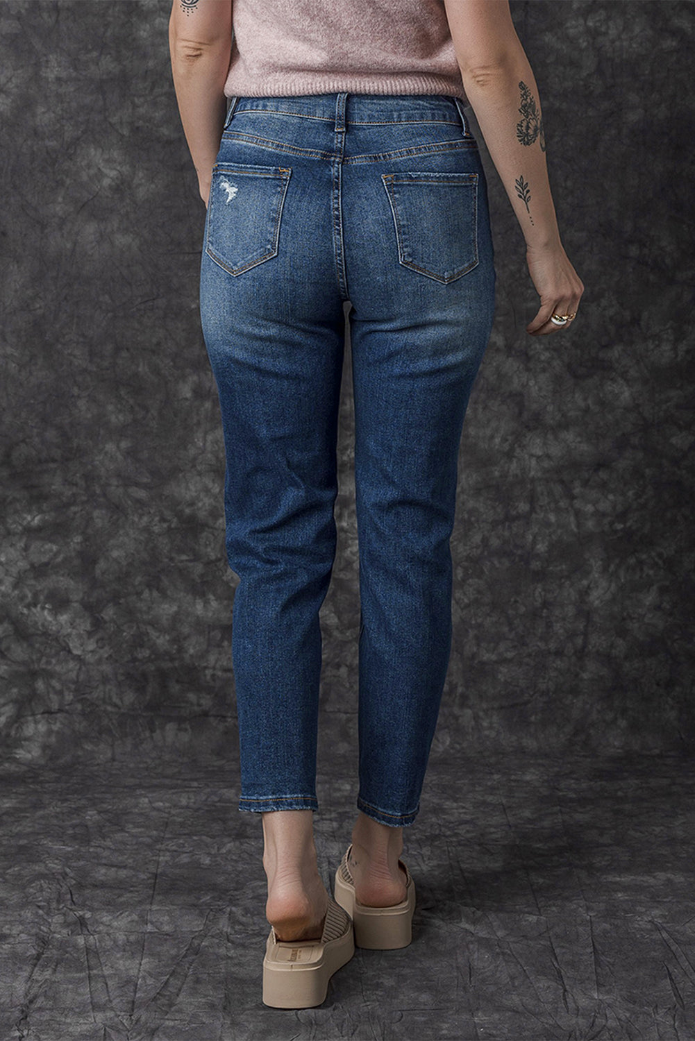 Blue Distressed Button Fly High Waist Skinny Jeans - Design Studios Direct