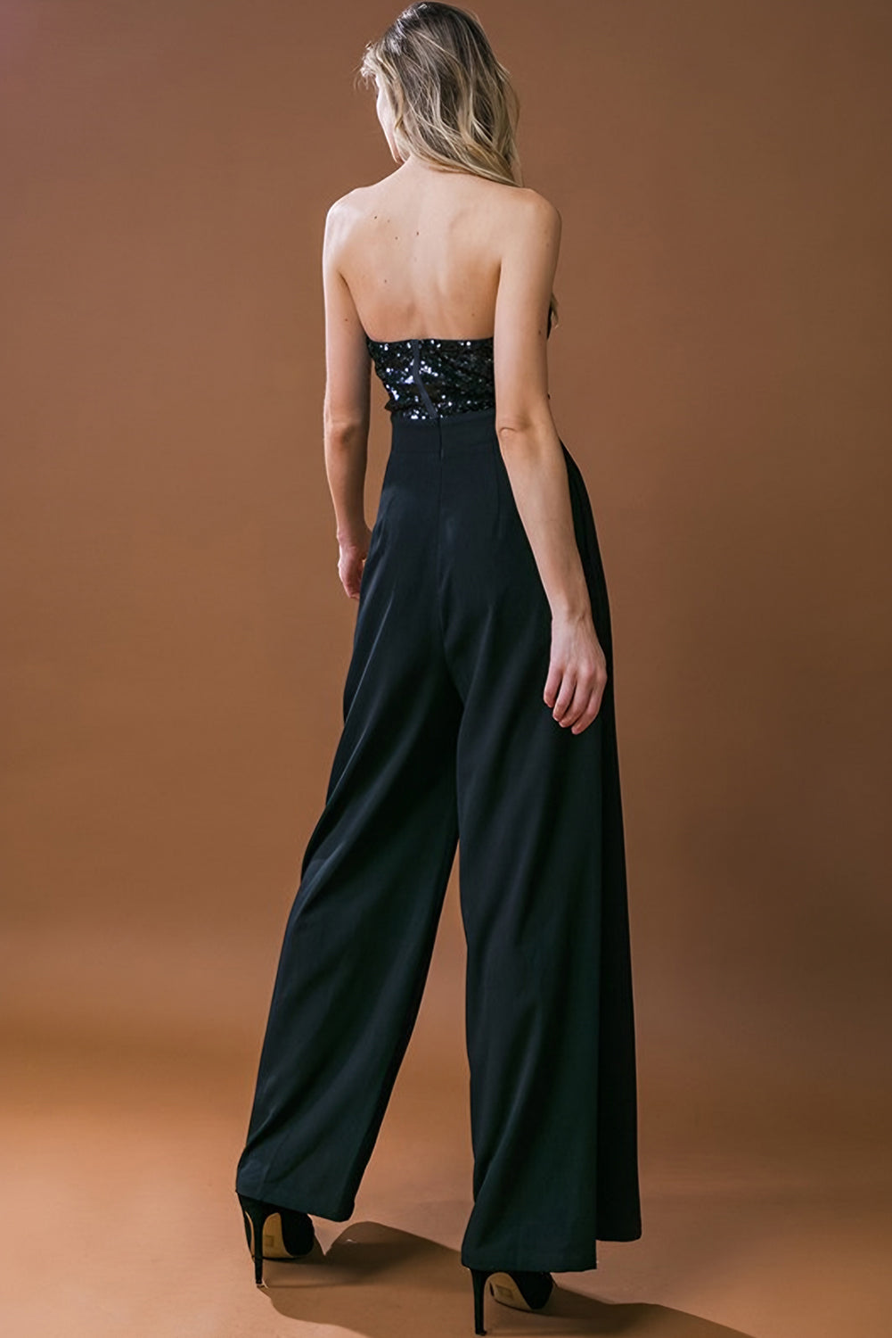 Black Sequin Tube Top Wide Leg Jumpsuit - Design Studios Direct