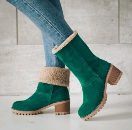 Mid-Tube Suede Snow Boots – Thick Heel for Winter Comfort - Design Studios Direct