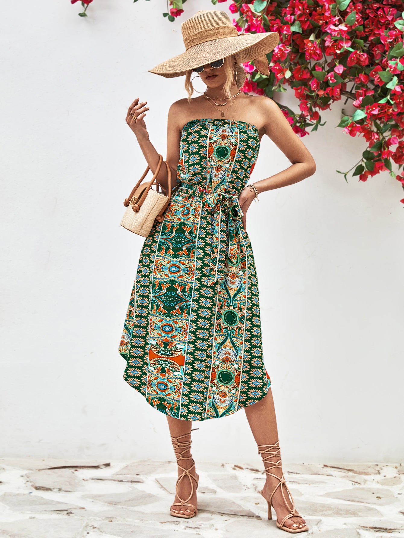 Printed Strapless Tie Belt Dress - Design Studios Direct