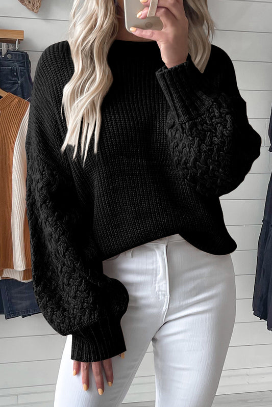 Black Cable Knit Sleeve Drop Shoulder Sweater - Design Studios Direct