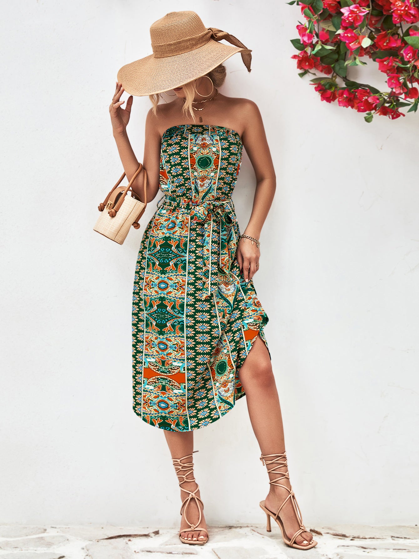 Printed Strapless Tie Belt Dress - Design Studios Direct