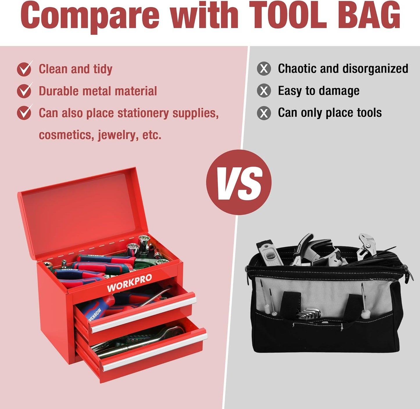 Mini Metal Tool Box with 2 Drawers and Top Storage, Small Tool Chest with PVC Liners and PP Feet Pads, Cold Rolled Steel Toolbox with Magnetic Tab