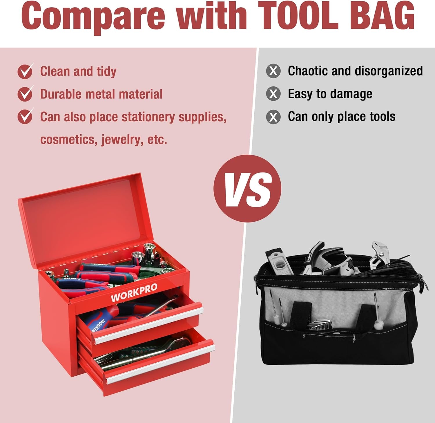 Mini Metal Tool Box with 2 Drawers and Top Storage, Small Tool Chest with PVC Liners and PP Feet Pads, Cold Rolled Steel Toolbox with Magnetic Tab