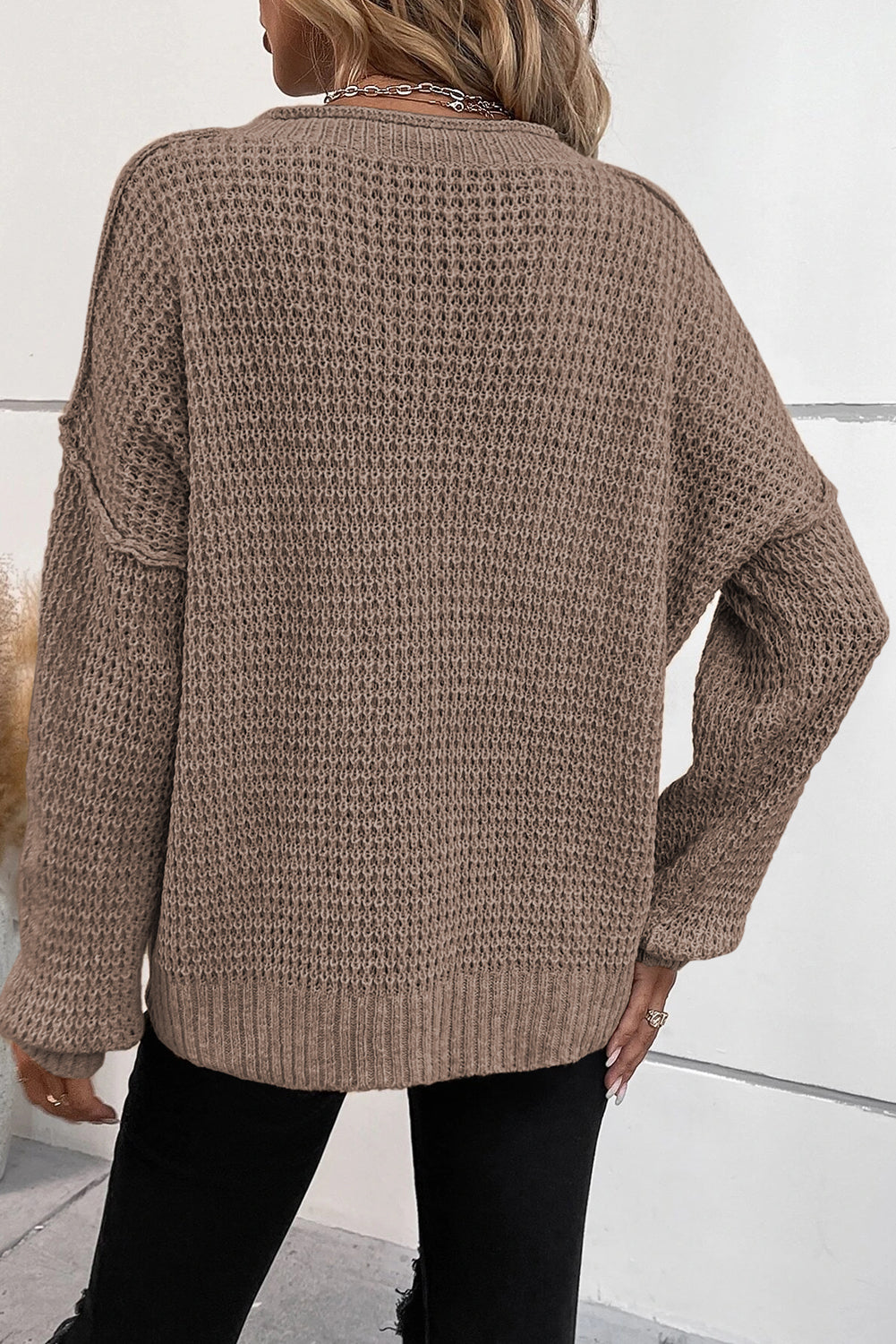 Khaki Pointelle Knit Button V Neck Drop Shoulder Sweater - Design Studios Direct