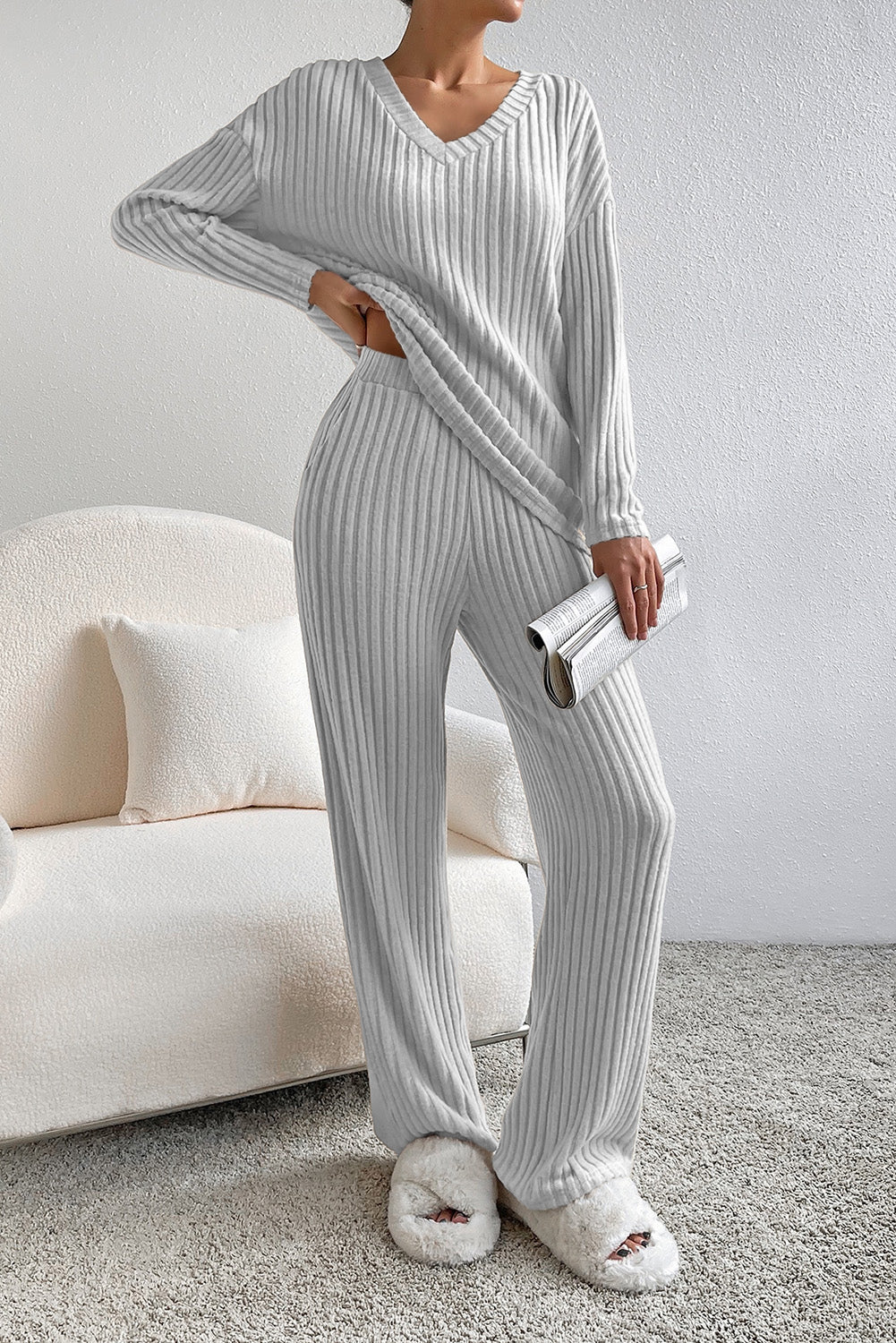 Light Grey Ribbed Knit V Neck Slouchy Two-piece Outfit - Design Studios Direct