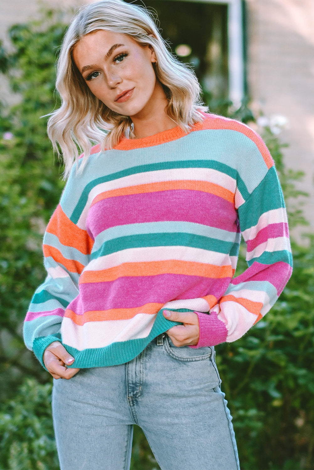 Multicolor Striped Knit Drop Shoulder Puff Sleeve Sweater - Design Studios Direct