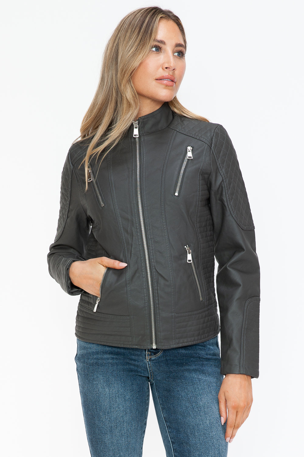 Snobbish Faux Leather Zip Up Mock Neck Jacket - Design Studios Direct