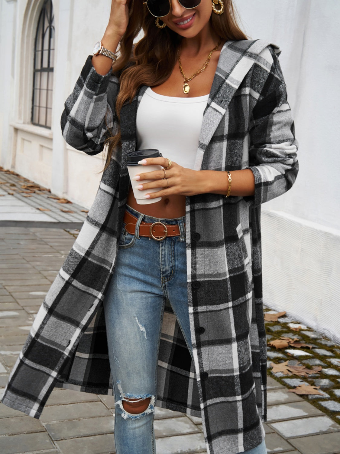 Devine Plaid Long Sleeve Hooded Coat - Design Studios Direct