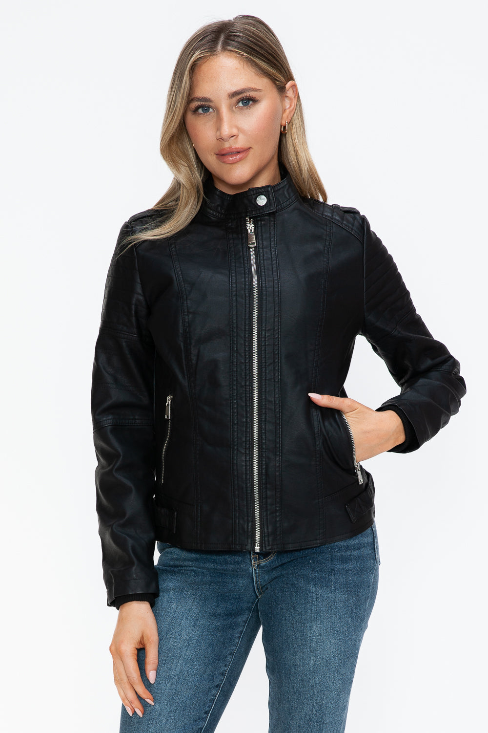 Snobbish PU Leather Biker Jacket with Side Zip Pockets - Design Studios Direct