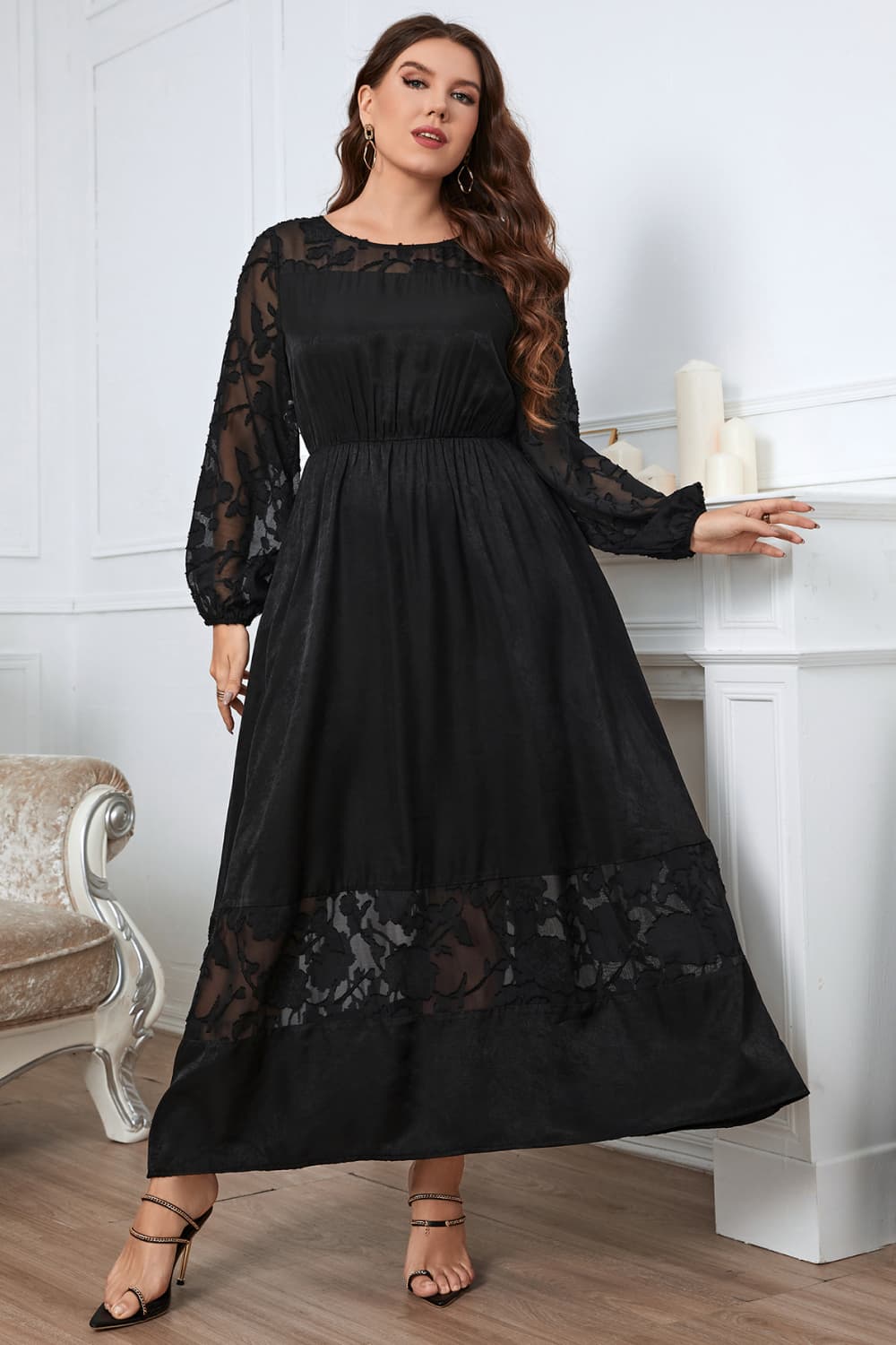 Honey Melo Apparel Plus Size Embroidery Round Neck Long Sleeve Maxi Dress - Design Studios Direct