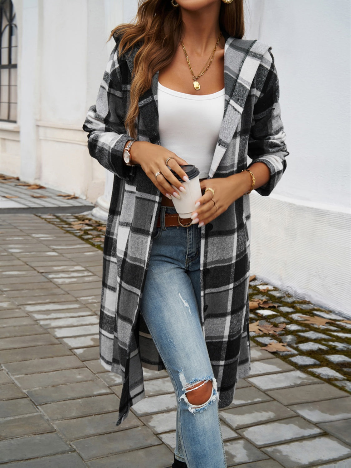 Devine Plaid Long Sleeve Hooded Coat - Design Studios Direct