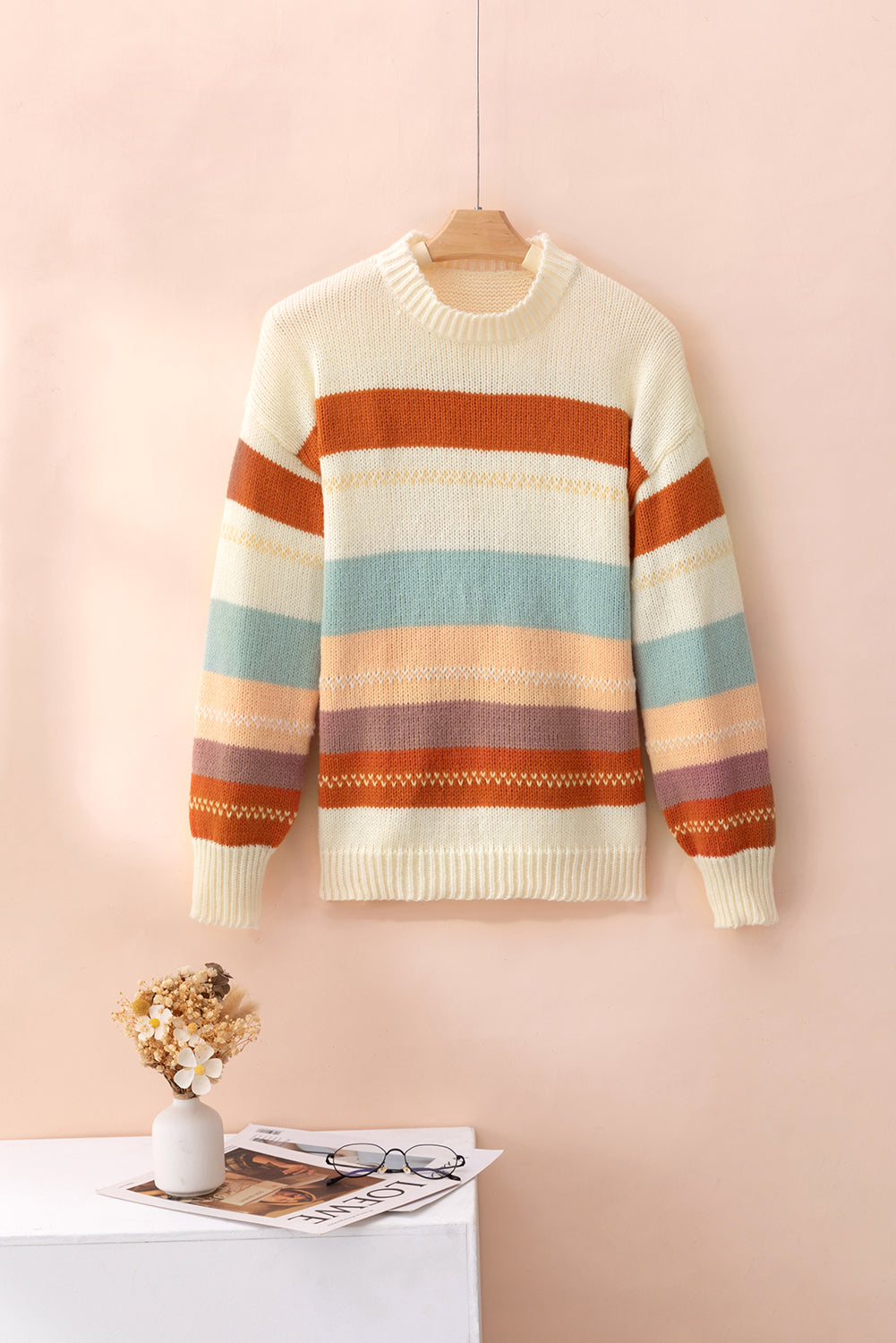 Crew Neck Drop-shoulder Striped Color Block Sweater - Design Studios Direct