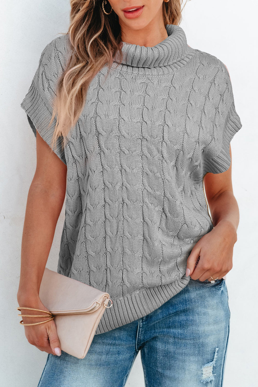 Grey Cable Knit Turtleneck Batwing Sleeve Sweater - Design Studios Direct