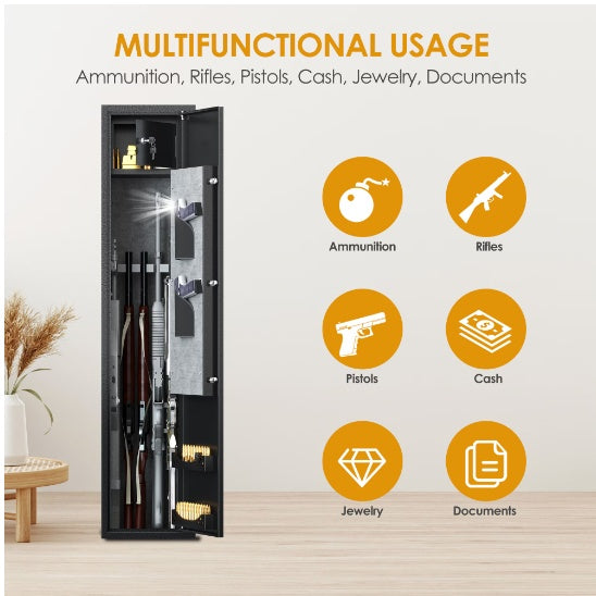 Firearm Safe With LED Lights And Alarm System, Biometric Fingerprint Rifle Safe Long Gun Cabinet With Removable Shelf - Design Studios Direct